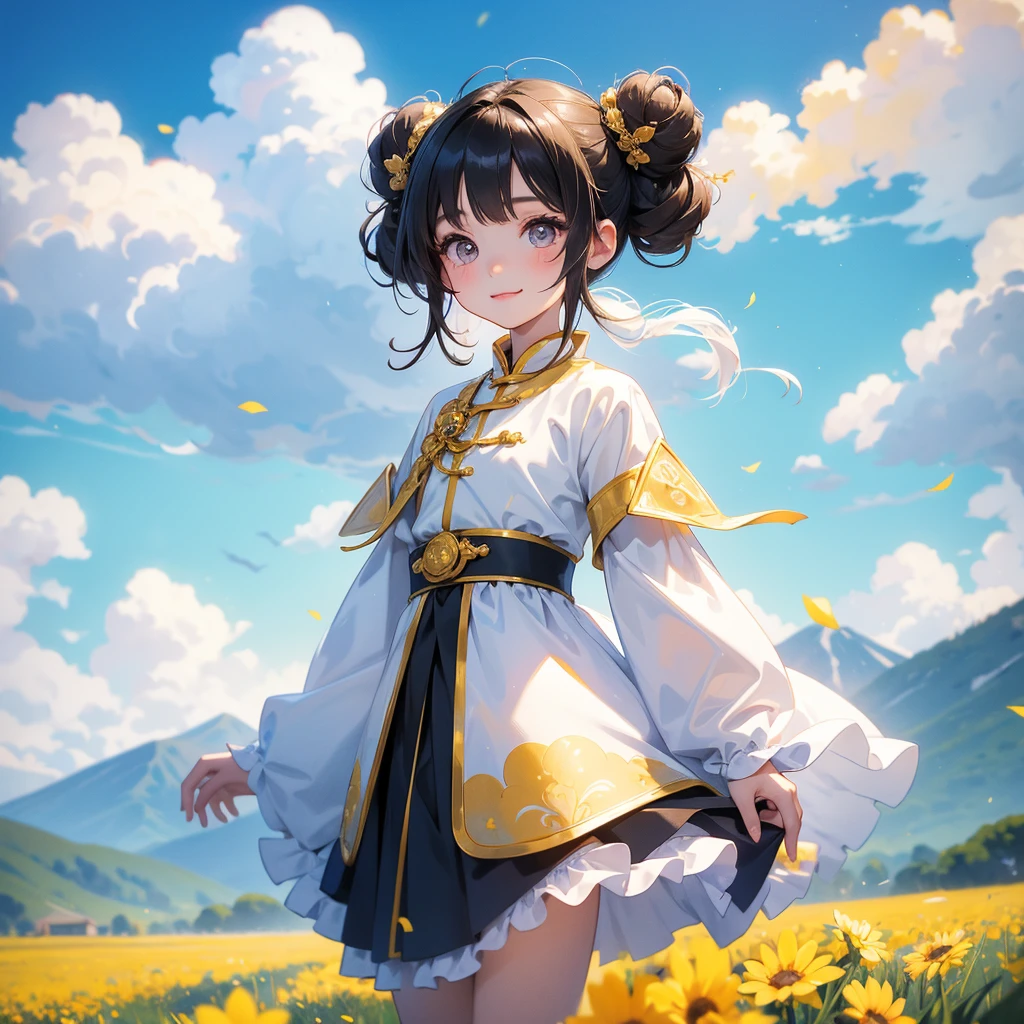 A chibi child girl had a small face and Wearing white little Taoist priest's outfit. A pair of big round eyes shone with curiosity about him. This child was so cute, Standing in the midst of a field of bright yellow gold fields, behind which are mountains, there are low clouds floating in the blue sky.

her hair is black with two buns on her hair.small chibi, chibi baby, smiling ,Chibi.

