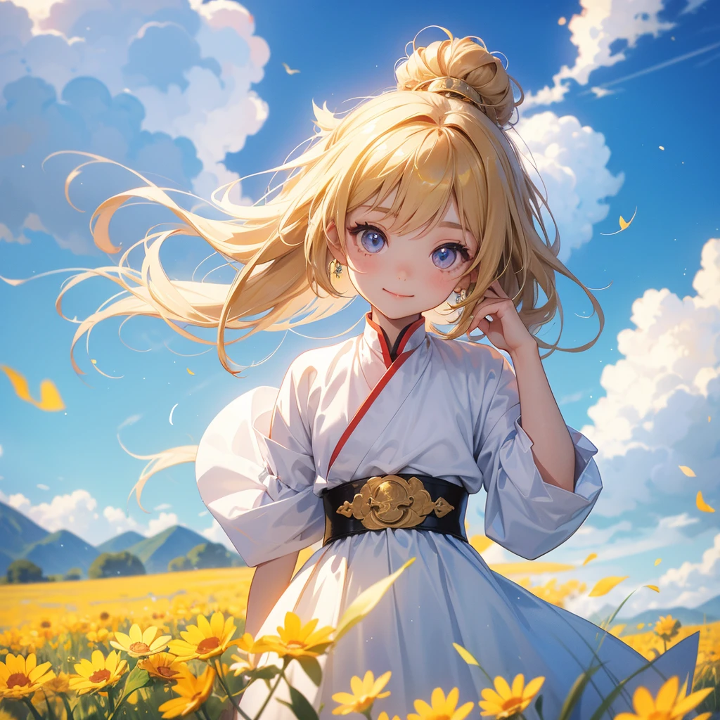 A chibi girl had a small face and Wearing white little Taoist priest's outfit. A pair of big round eyes shone with curiosity about him. This childso cute, Standing in the midst of a field of bright yellow gold fields, behind which are mountains, there are low clouds floating in the blue sky.
her hair is black with two buns on her hair.small chibi, chibi baby, smil,Chibi.