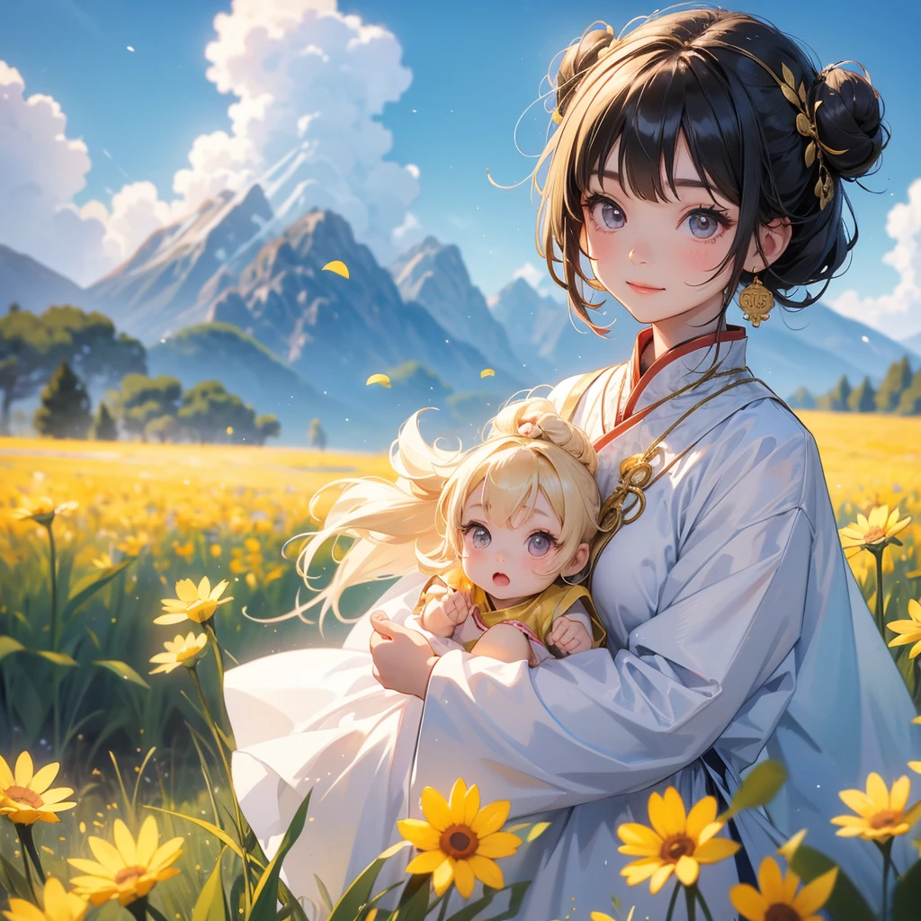 A chibi child girl had a small face and Wearing a little Taoist priest's outfit. A pair of big round eyes shone with curiosity about him. This child was so cute! her hair is black with two buns on her hair.small chibi, chibi baby, smiling ,Chibi. 

Standing in the middle of a wheat field, behind which are mountains, there are low clouds floating in the blue sky.