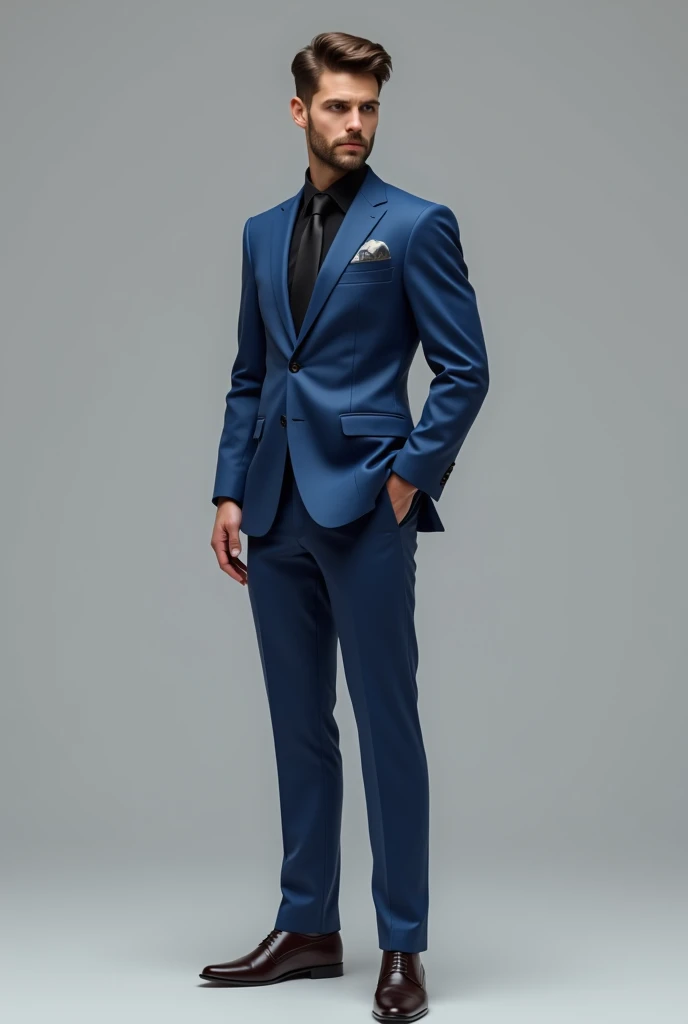blue suit with black shirt and black tie