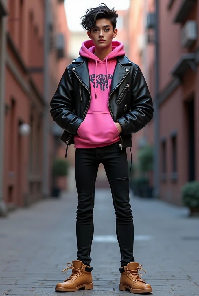 Black leather jacket, under pink hooded sweatshirt, black jeans and camel shoes