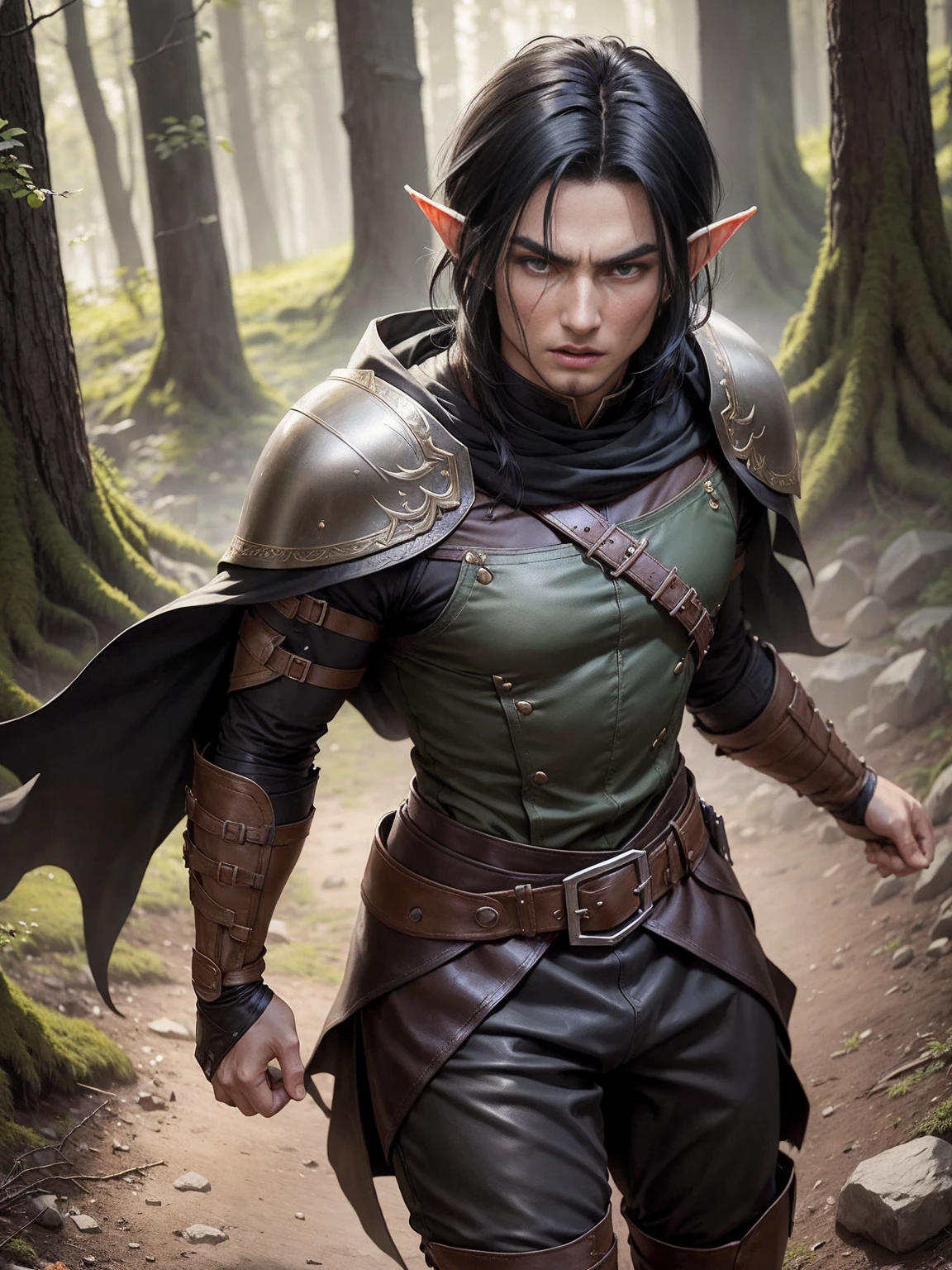 Elf Ranger. born in forest. Wear boots that make no noise. Leather armor integrated into base and cape becomes invisible. Shoulder-length black hair，Thick design. Eyes screaming like wolves. Facial features will be very masculine, But good elf, His gaze will be intense and serious. Always ready to take action.