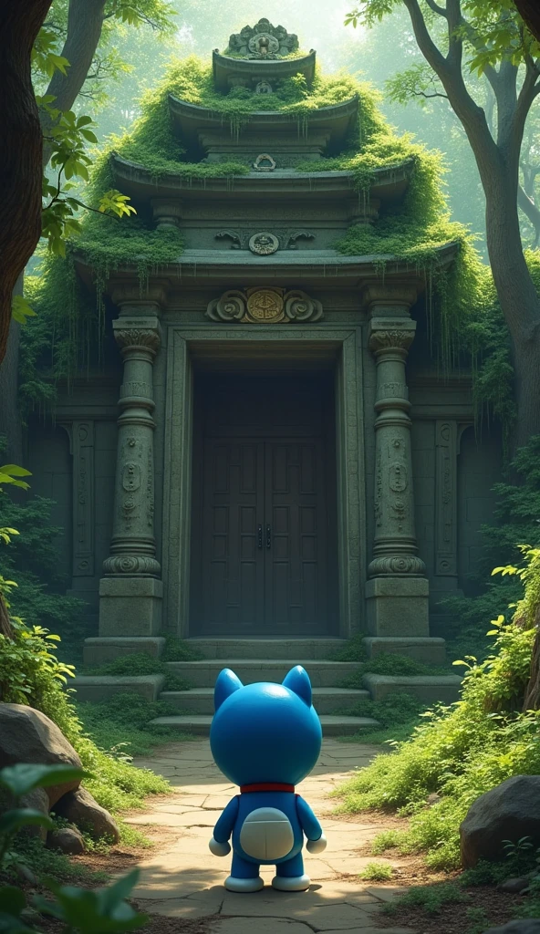 Doraemon stands in front of an ancient temple hidden deep in the forest., covered with vines and moss. Temple doors carved with ancient symbols, looks mysterious and challenging. The faint light from outside shone into the temple., create a mysterious space.góc nhìn phía trước 