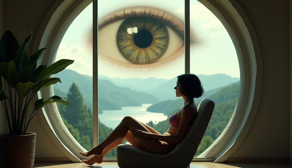 A cinematic shot of a medium-sized pretty, shapely girl sitting in an armchair. She has short, dark hair, a large bust, and a skimpy swimsuit. Behind her, a large eye looks out of a large, panoramic window. The eye has a pupil and is surrounded by a beige iris. The background reveals a peaceful landscape with mountains, trees, and a body of water.