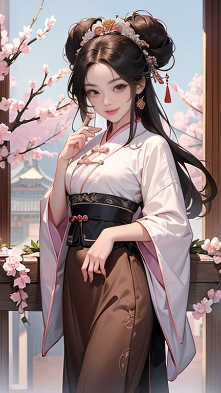 ( High resolution、 masterpiece、Highest quality、8k)、Tang Dynasty Buildings、Tang Dynasty China、Tang Dynasty China、(Young and beautiful woman、Beautiful Face、Beautiful Face、Pretty lips)、Pink and light colored Hanfu、(whole body)、Brown and black round bun hairstyle、Smiling Eyes、Holding、Cute action、background、Tang Dynasty Buildings、Chang'an city in the Tang Dynasty、Plum blossom、river view、Riverside city lights、Lantern Light、A complete portrayal、Detailed anime art、Detailed CG、