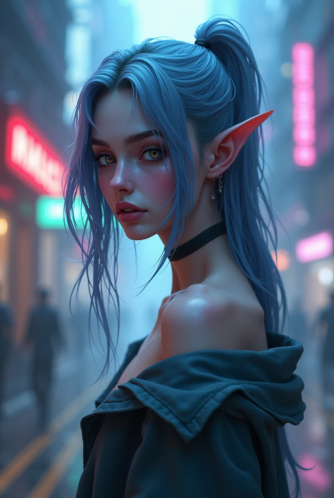 punctuation_9, punctuation_8_High above, punctuation_7_High above, punctuation_6_High above, BREAK Vintage, 1990s \(styled\), A beautiful draenei girl over a future cityscape, Depth of field, Big Shirt, one shoulder, (shining skin:1.4), cold lighting, face detailed, clean eyes, Depth of field, Messy hair, (intrikate), shy, glare eyes, detailedeyes, detailed back ground, neon trim, neon lights, Sweep Lines