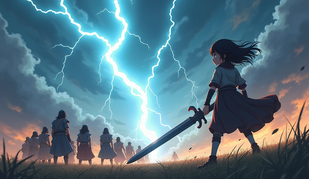 Here is a prompt for your request:
"A scene featuring a 10-year-old anime boy with long hair, standing on the right with a big magic sword in his hand. The boy has a determined expression, ready for battle, his face one front . On the left side, there are 10 warrior standing e back to back, The environment is a bright, stormy battlefield with lightning in the background