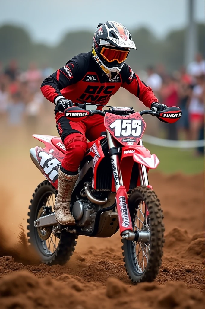 Make me a honda crf250f motorcycle, in a motocross competition, that on the mask has the name of "PINEDA" and in the plastics have the +504HN