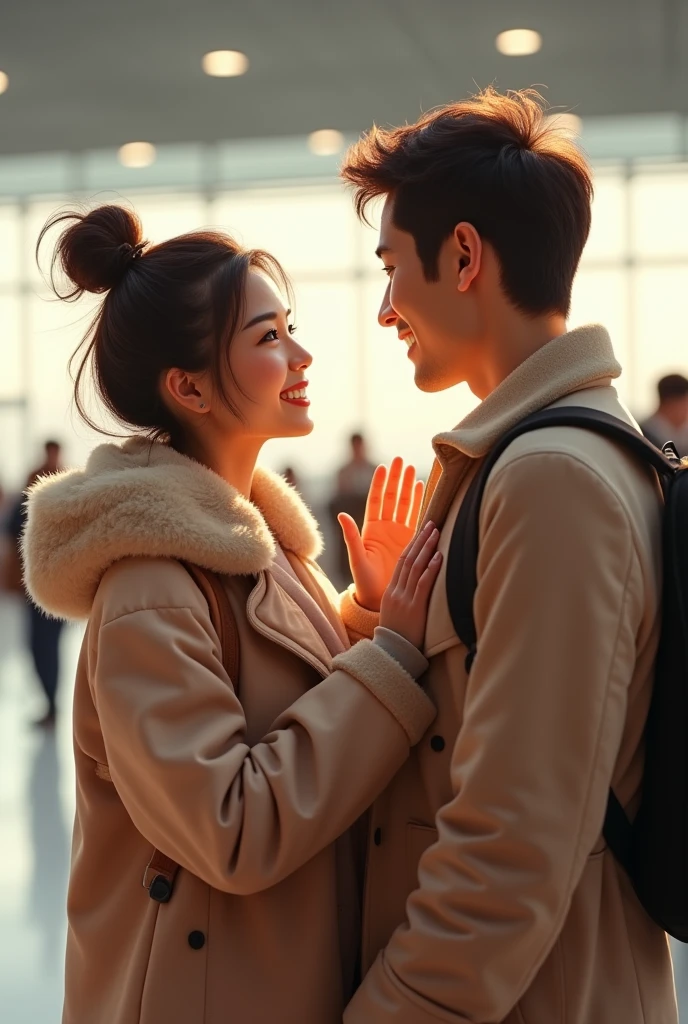 Tanned japanese beautiful tanned japanese woman, Her hair was in a ((messy loose bun up)) wearing warm winter outfit in soft colors, the woman waving high and smiling in paris airport to a man infront of her, the man is Tanned japanese handsome tall man wearing warm winter outfit in soft colors. standing face to face in about 10 meter distance. wide camera, full body shot, ultimate photorealistic