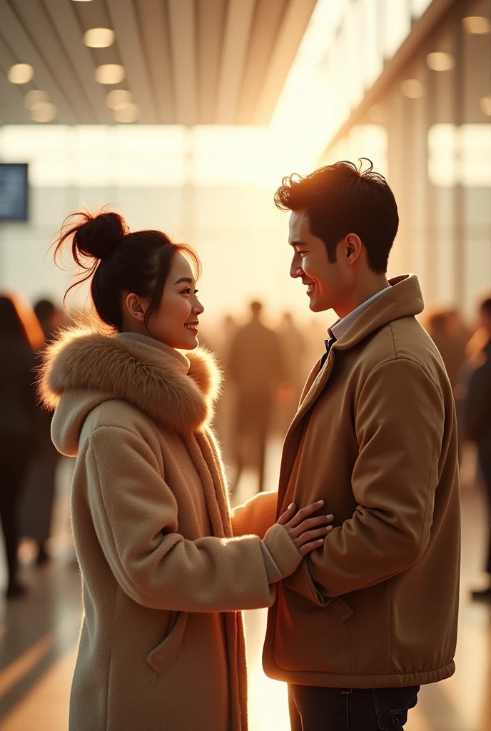 Tanned japanese beautiful tanned japanese woman, Her hair was in a ((messy loose bun up)) wearing warm winter outfit in soft colors, the woman waving high and smiling in paris airport to a man infront of her, the man is Tanned japanese handsome tall man wearing warm winter outfit in soft colors. standing face to face in about 10 meter distance. wide camera, full body shot, ultimate photorealistic