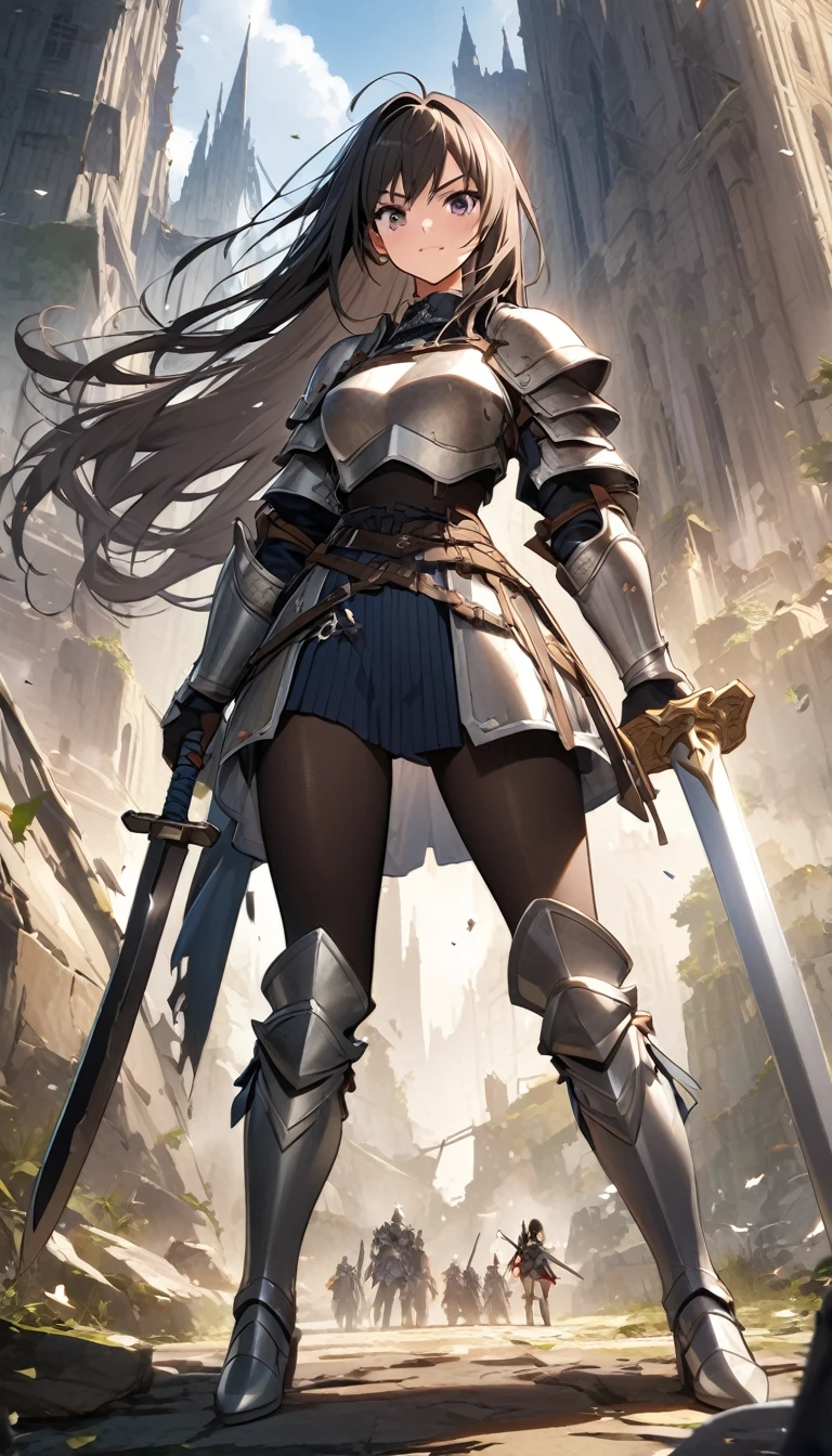 Ultra-high definition image quality、beautiful girl、Woman warrior、Female Swordsman、Light Armor、Silver boots、Long Hair、Knight's Hair Ornament、Black Hair、20-year-old、Be confident々face、Very short tight skirt、Sexy posture、wilderness、Highest quality,Big Ass、Big Breasts、Thighs、Grab the spear、Gorgeous embroidered lace panties、Joan of Arc style clothing、Wind King Barrier、Her hair is fluttering in the wind、The Sword of Promised Victory、god々Wearing a bright aura、Big Ass、Valkyrie the War Maiden、Crotch close-up、Angle from directly below