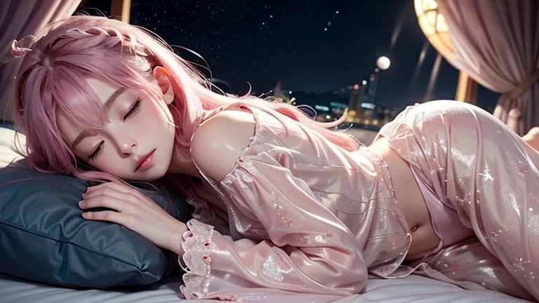 Lights out。Sleeping in bed。Sleeping with eyes closed。Beautiful young woman listening to music through headphones while lying down、Moonlight。Little Anime。Pink Hair。The moon and stars are visible。Enchanting rooms。relax。Dark stylish light room。Woman with fair skin。Long-sleeved pajamas。