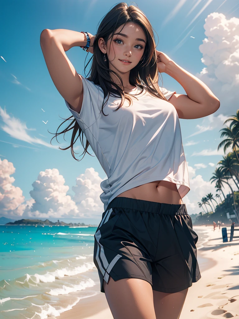 ((最high quality, 8K, masterpiece: 1.3, Ultra HD, high quality, 最high quality, High resolution, realism)) 、An extremely beautiful 18-year-old Japanese woman、hair color is black、Iriedium Hair、Straight Hair、smile、Slender but well-proportioned, slim and muscular body、Athlete-like body type、I want my head to stay off screen、Walk on a high seawall at the beach、I put my hand on my forehead and look at the sea、The blue sky is beautiful、There is an entrance cloud、It's summer、Sailor suit((Summer clothes))wear、Wear a navy blue pleated skirt、wear loafers、There is a road in front of the breakwater、There is a bus stop