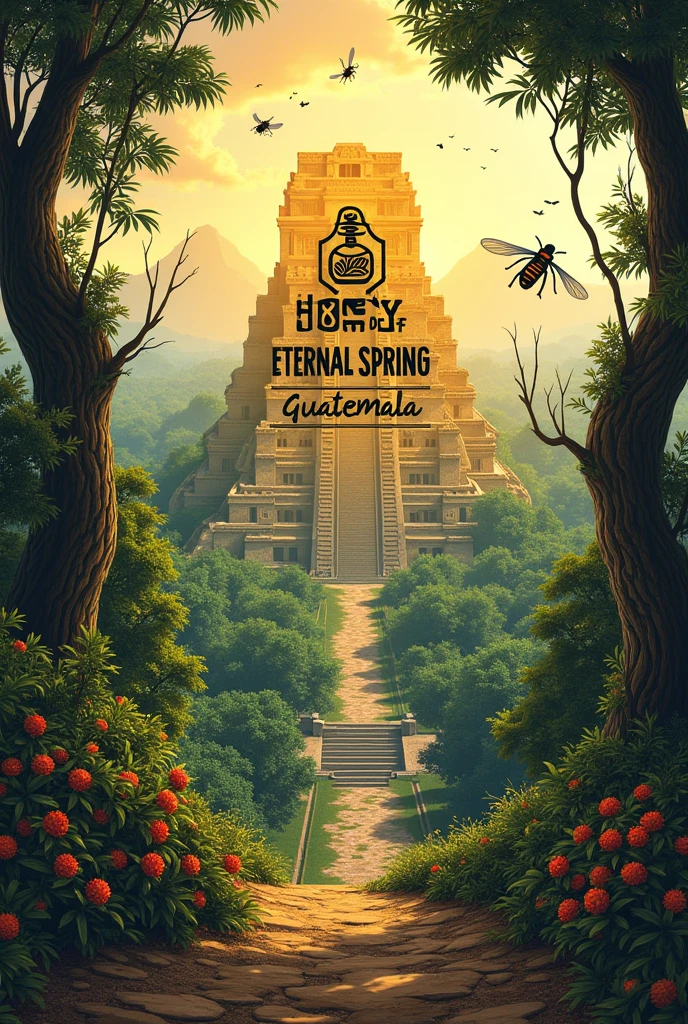 label with floating bee design or honeycomb panel, Mayan city tikal,  guatemala, with the brand name  "Honey of eternal spring" Origin "guatemala"
