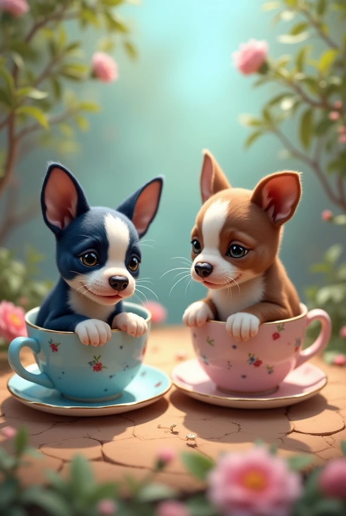 2 boston terrier pups, 1 blue boston, 1 brown & brindle with a right eye patch, both sitting in their own tea cups, spin around having fun