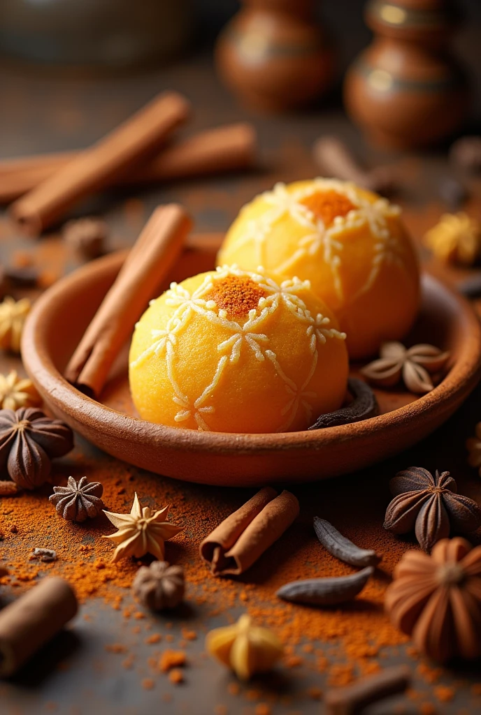 Traditional spices with indian traditional sweets laddu and Watalappom