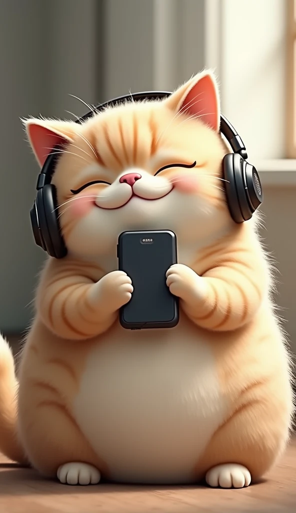 photorrealistic, 64k, giant cute fat [cat] listening music with headphone on his ears, and his hand hold a smartphone, his eyes focusing look on smartphone