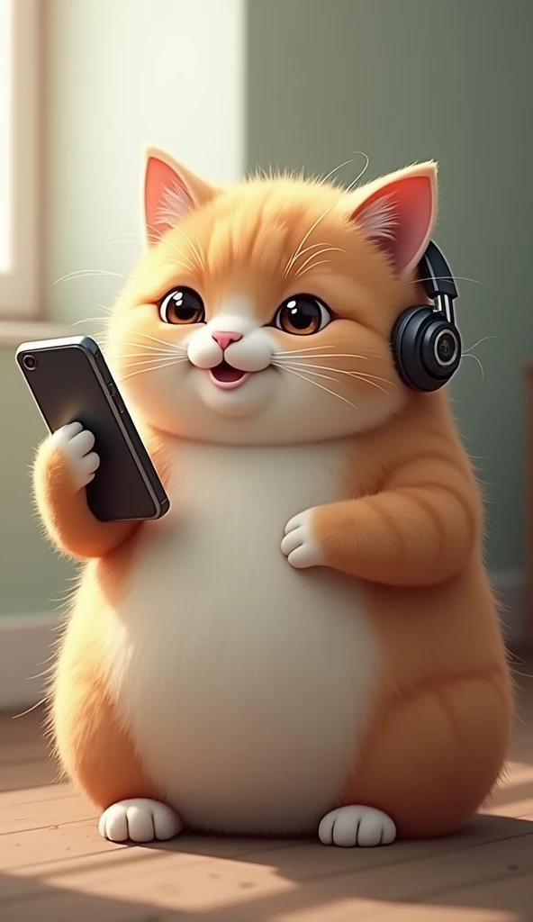photorrealistic, 64k, giant cute fat [cat] listening music with headphone on his ears, and his hand hold a smartphone, his eyes focusing look on smartphone