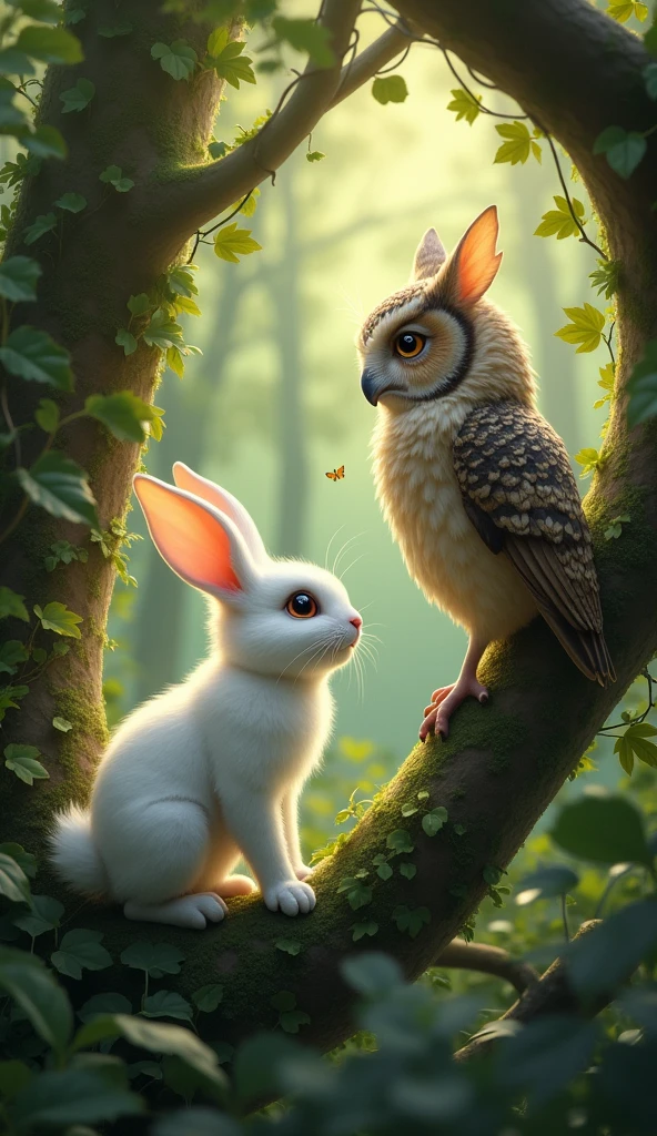 draw a picture of a white rabbit looking at a tree branch with an old owl perched on the branch, in the middle of a dense forest