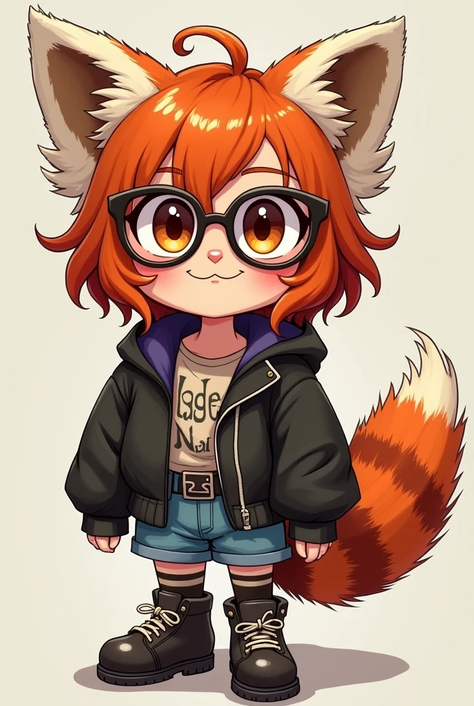 Girl with big eyes and red hair, chubby, wearing round glasses and a mischievous smile with red panda ears and tail make her look twenty-five with rocker clothes