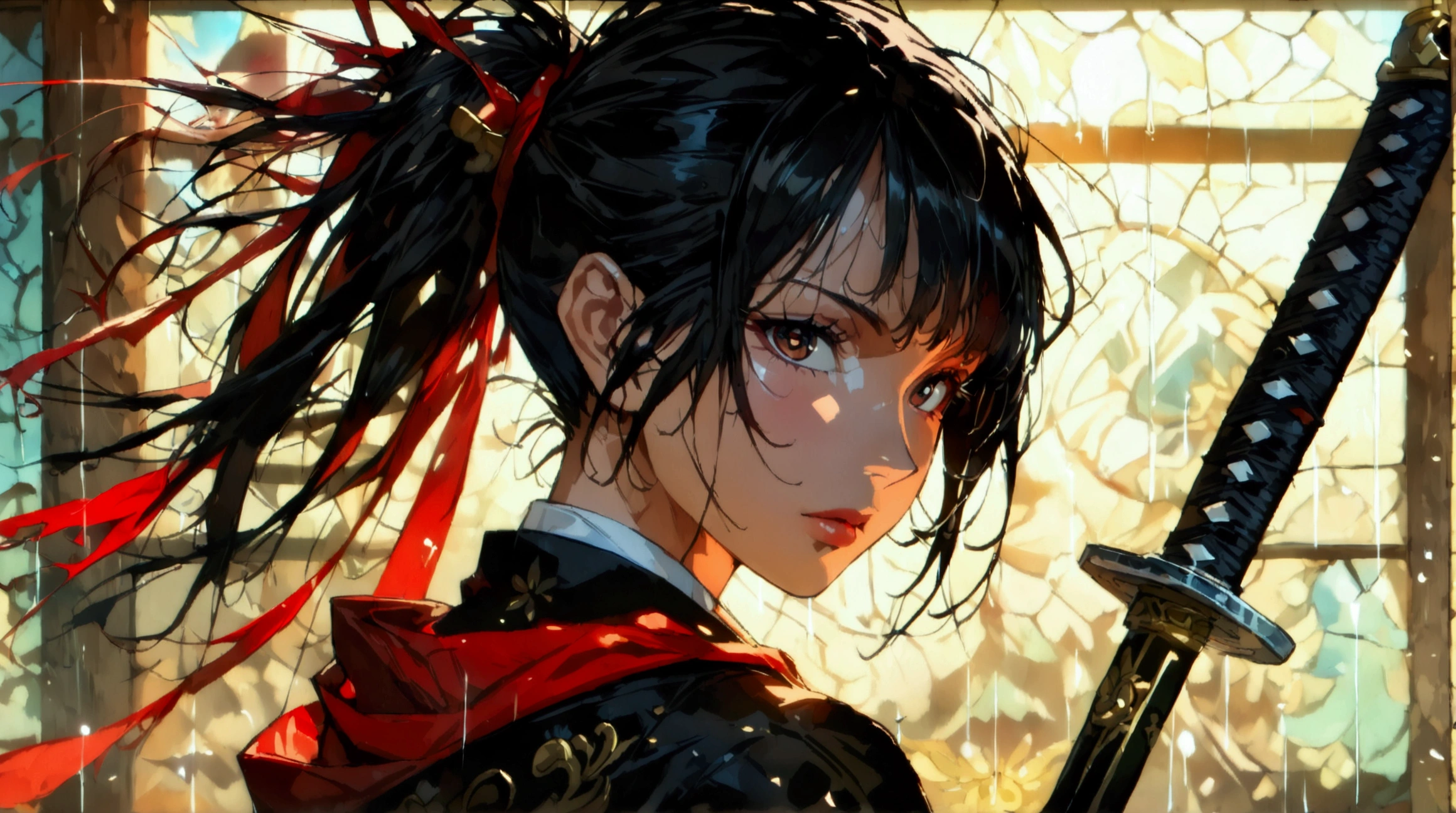 Woman, black hair with red tips, black schoolgirl outfit, holding a black katana with red details, ((Intricate anime character design inspired by One Piece)), ((Stunning lighting)), ((Fine lines)), ((Stunning focus)), ((Centered character)), ((Stunning face)), ((Detailed focus)), ((Detailed background)), ((Ultra-fine 2D design)), ((Creative backdrop)), ((2D masterpiece)), ((Best quality)), ((8K anime style)),((Full body ))
