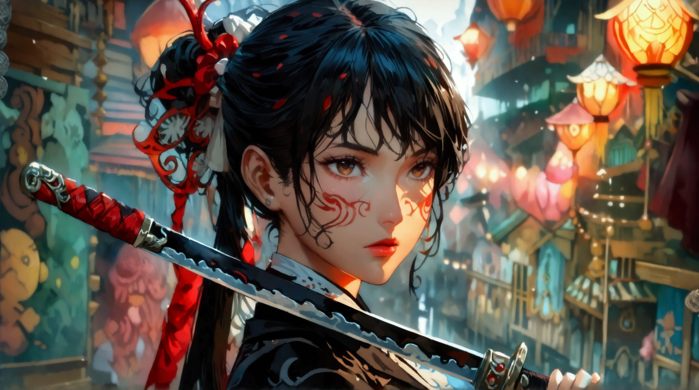Woman, black hair with red tips, black schoolgirl outfit, holding a black katana with red details, ((Intricate anime character design inspired by One Piece)), ((Stunning lighting)), ((Fine lines)), ((Stunning focus)), ((Centered character)), ((Stunning face)), ((Detailed focus)), ((Detailed background)), ((Ultra-fine 2D design)), ((Creative backdrop)), ((2D masterpiece)), ((Best quality)), ((8K anime style)),((Full body ))