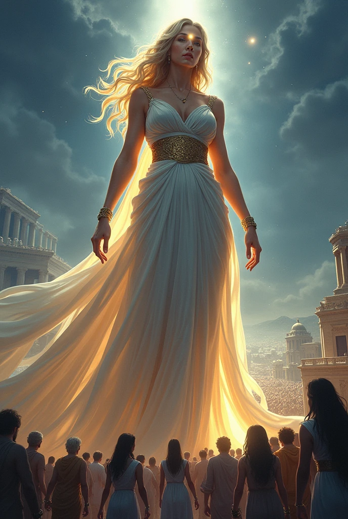 Create a giant woman, goddess, cleavage, thigh, elegant white golden gown, standing on greek city, people below looking up at her, diving powers, glowing eyes, night time