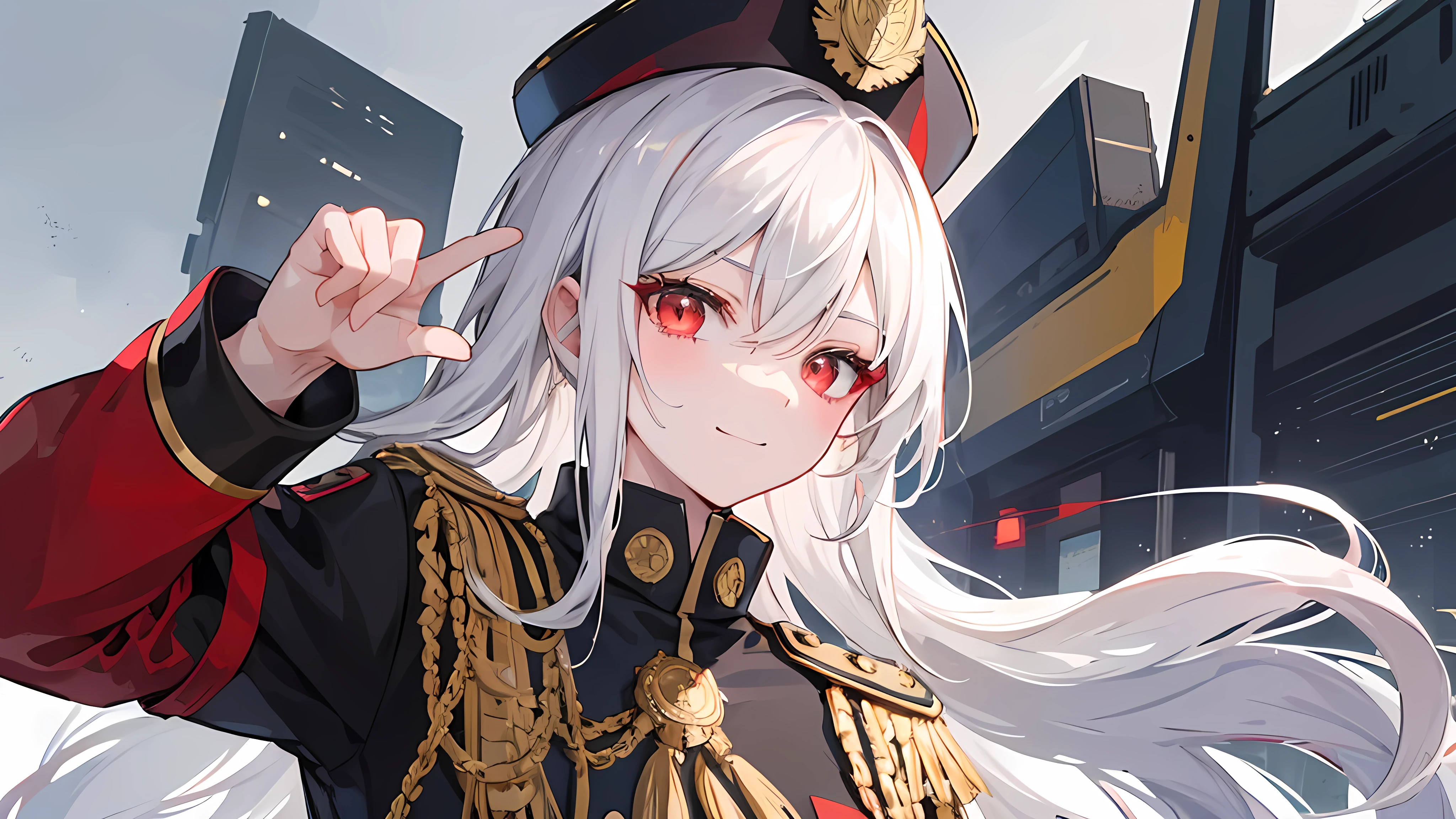 Create an anime-style character illustration of a confident, charismatic female officer with long, flowing white hair. She has striking red eyes that give off an intense and commanding aura. She is wearing a sharp, military-style black uniform adorned with gold buttons, a red armband, and a matching black cap with gold trim. The character is depicted tipping her cap with a sly, knowing smile, exuding an air of authority and mystery.