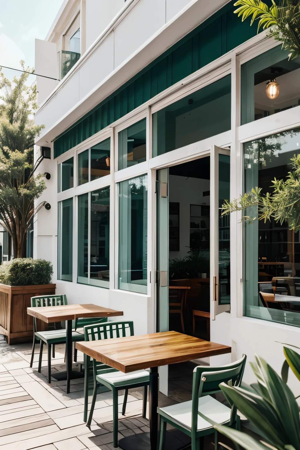 This image shows the exterior of a restaurant called "Rosemary's." The restaurant has a clean, inviting look with a green and white color scheme. The name "ROSEMARY'S" is prominently displayed at the top of the building in bold green letters. Below the sign, there's an awning with a green and white stripe pattern.
The restaurant has large glass windows and doors, allowing a clear view into the interior. Outside, there are several wooden tables with white chairs set up on the sidewalk, giving it a casual, open-air dining vibe. Potted plants are placed near the entrance, adding a touch of greenery to the space. The overall design is modern yet cozy, with a mix of natural elements like wood and plants complementing the minimalist, elegant architecture.