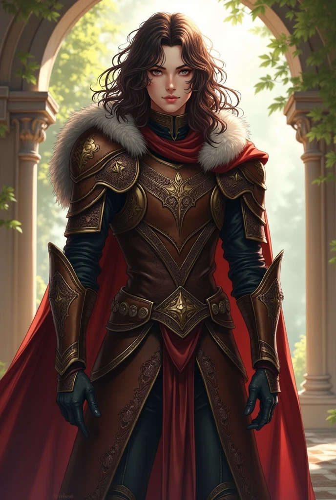 (solo:2), (anime:1.25), (medieval dark fantasy:1.5), (femboy:1.25), (hair, curly, dark brown, long, attached), fighter, (leather armor), , (paladin type), (natural light), standing, (fur:1.25), aristocracy, (masterpiece:1)