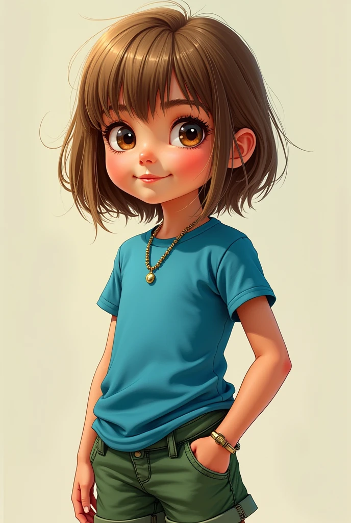 Child - **Skin color**: Clara
   - **body hair**: Straight and light brown, with bangs - **badass clothing**: Blue t-shirt and green shorts. 

