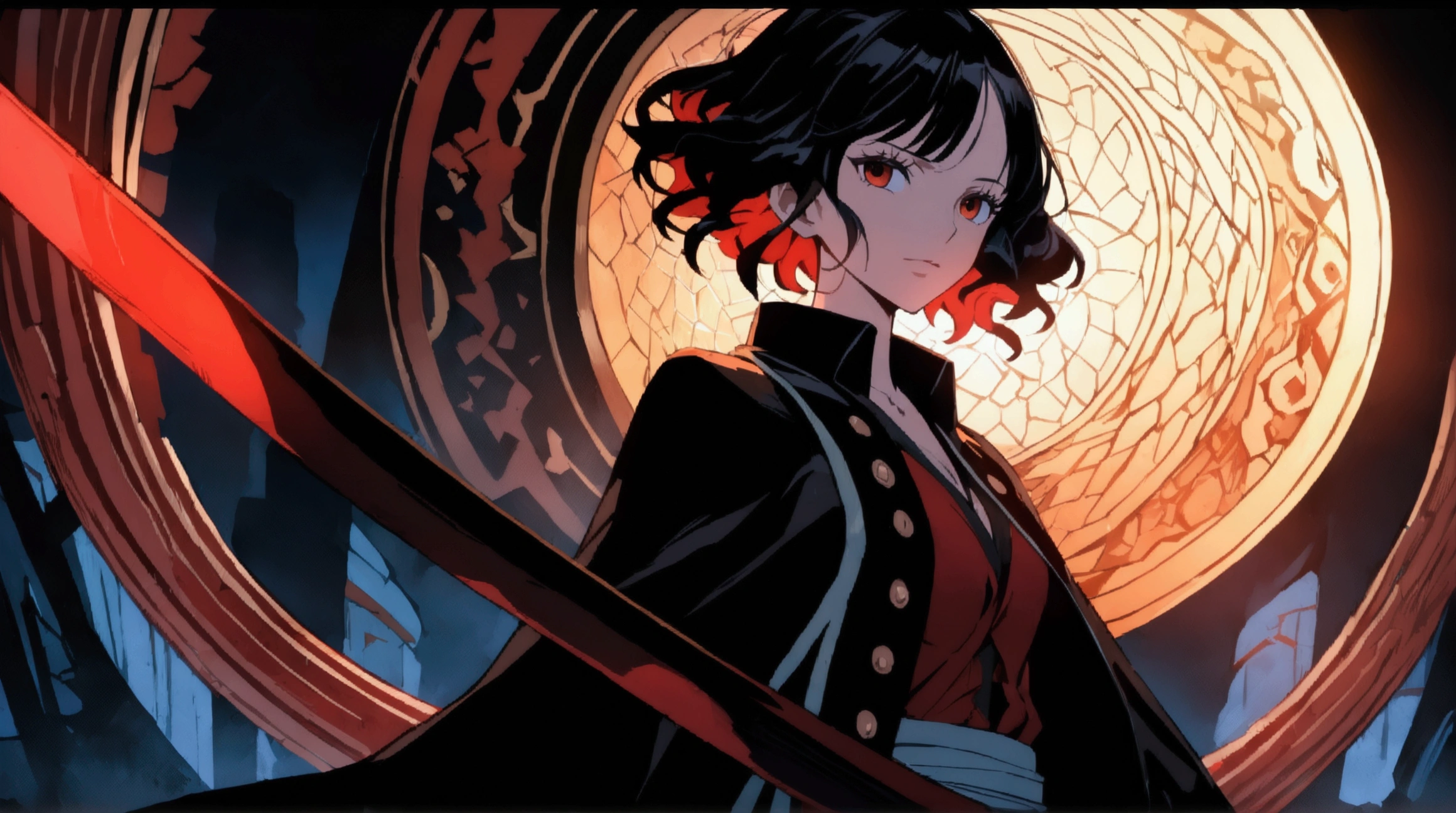 Woman, black hair with red tips, black schoolgirl outfit, holding a black katana with red details, ((Intricate anime character design inspired by One Piece)), ((Stunning lighting)), ((Fine lines)), ((Stunning focus)), ((Centered character)), ((Stunning face)), ((Detailed focus)), ((Detailed background)), ((Ultra-fine 2D design)), ((Creative backdrop)), ((2D masterpiece)), ((Best quality)), ((8K anime style)),((Full body ))