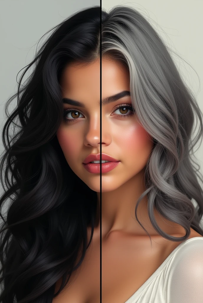 A beautifully contrasted portrait captures the evolution of Selena Gomez over the years: on the left, a vibrant black haired 25-year-old with lush black hair, and on the right, a striking older gray haired 50-year-old with gray hair. This digital artwork showcases the side profiles of both ages in a close-up layout, highlighting the differences and similarities between youth and maturity. The attention to detail is impeccable, from the fine lines on her face to the subtle changes in her expression. The overall effect is both poignant and visually stunning, making this piece a true work of art.