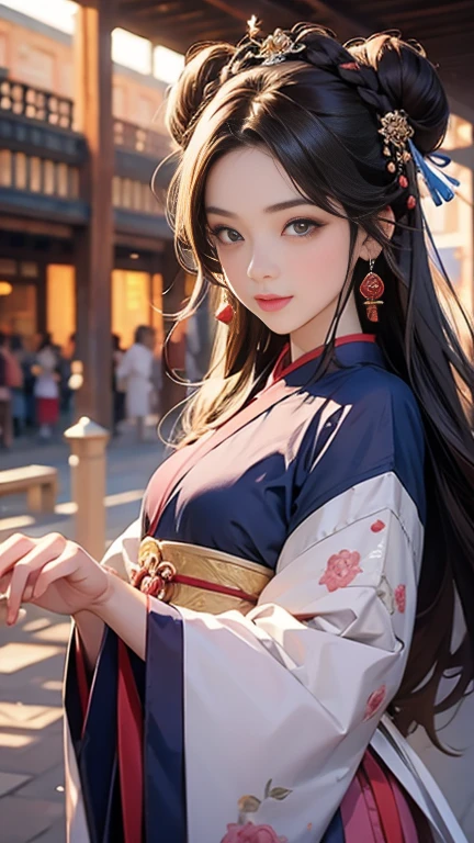 ( High resolution、 masterpiece、Highest quality、8k)、Tang Dynasty Buildings、Tang Dynasty China、Tang Dynasty China、(Young and beautiful woman、Beautiful Face、Beautiful Face、Pretty lips)、Pink and light colored Hanfu、(whole body)、Brown and black round bun hairstyle、Smiling Eyes、Holding、Cute action、background、Tang Dynasty Buildings、Chang'an city in the Tang Dynasty、Plum blossom、river view、Riverside city lights、Lantern Light、A complete portrayal、Detailed anime art、Detailed CG、