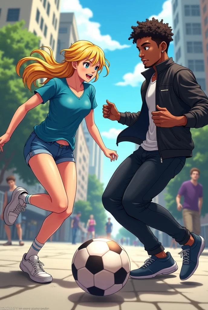 Anime young blonde woman in blue shirt and blue jeans shorts and young African-American man in black jacket and black pants playing street football
