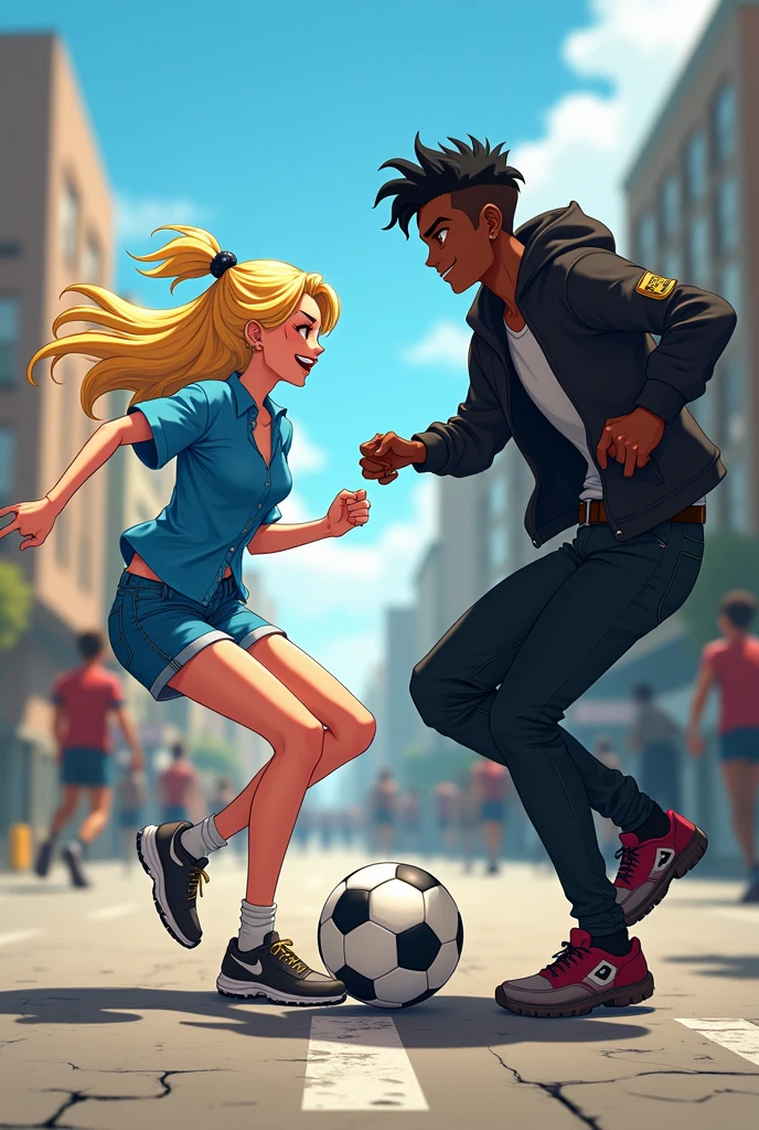 Anime young blonde woman in blue shirt and blue jeans shorts and young African-American man in black jacket and black pants playing street football 
