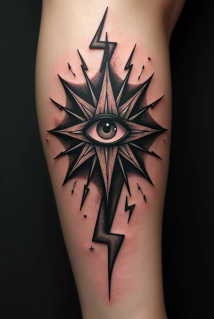 An idea for a tattoo, containing thunder, rays and a star with an eye. Let it not be such a realistic tattoo.