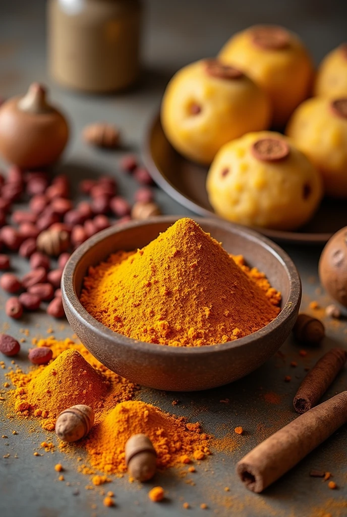 Traditional spices pepper , turmeric with indian traditional sweets laddu and Watalappom