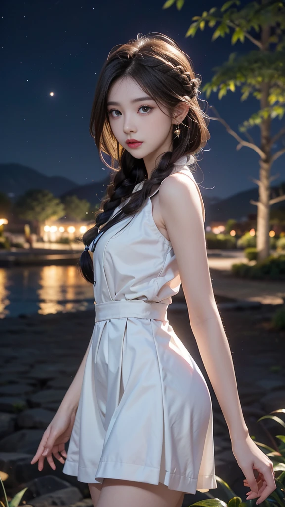 ulzzang-6500-v1.1, (RAW photo: 1.2), (Real photo), (Real photo: 1.4), 1 girl、Perfect anatomy、1、Looking at the camera、Medium length hair、side braids, uniform white dress, in a surreal royal garden, under the starry night sky, ((starry night: 1.1))、(Business service)、Asian eyes Ella,