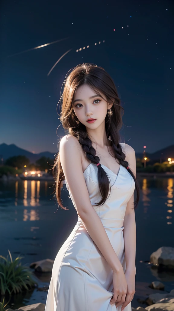 ulzzang-6500-v1.1, (RAW photo: 1.2), (Real photo), (Real photo: 1.4), 1 girl、Perfect anatomy、1、Looking at the camera、Medium length hair、side braids, uniform white dress, in a surreal royal garden, under the starry night sky, ((starry night: 1.1))、(Business service)、Asian eyes Ella,