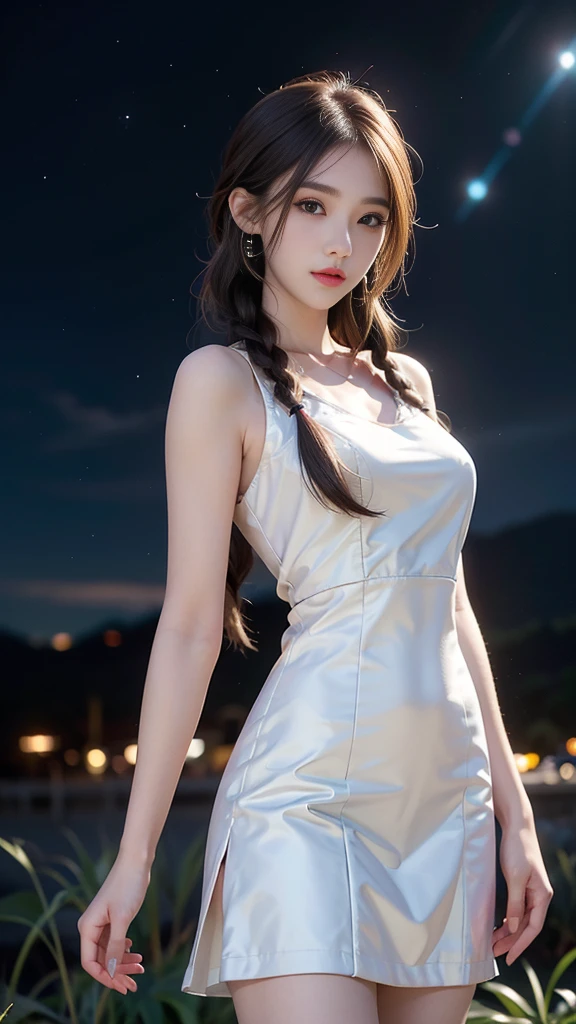 ulzzang-6500-v1.1, (RAW photo: 1.2), (Real photo), (Real photo: 1.4), 1 girl、Perfect anatomy、1、Looking at the camera、Medium length hair、side braids, uniform white dress, in a surreal royal garden, under the starry night sky, ((starry night: 1.1))、(Business service)、Asian eyes Ella,