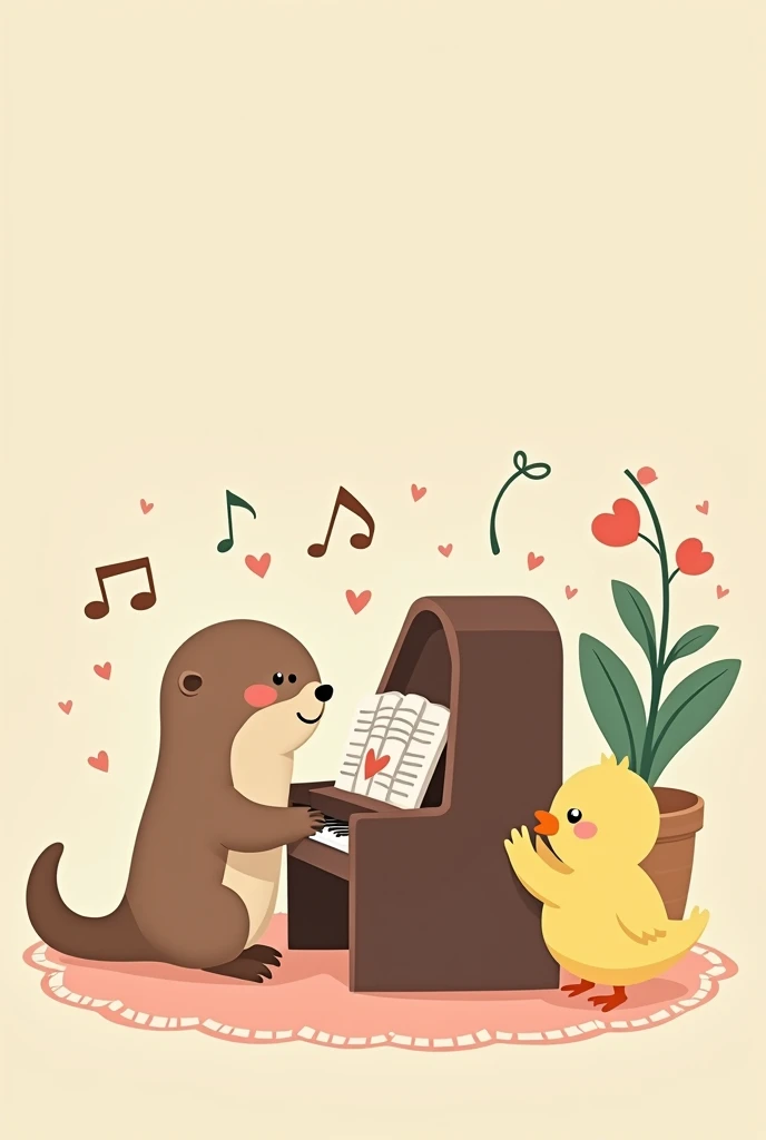 An otter playing the piano and a chick clapping, drawn in a kawaii way