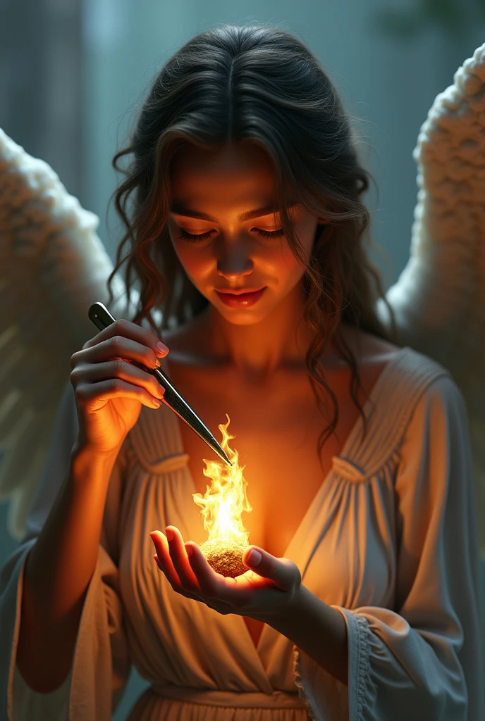 (photorealism:1.2),angel taking a burning ember with tweezers 