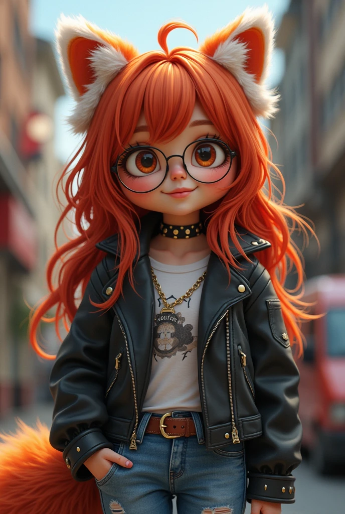 Girl with big eyes and red hair, chubby, wearing round glasses and an innocent smile with red panda ears and tail make her look twenty-five with rocker clothes 
