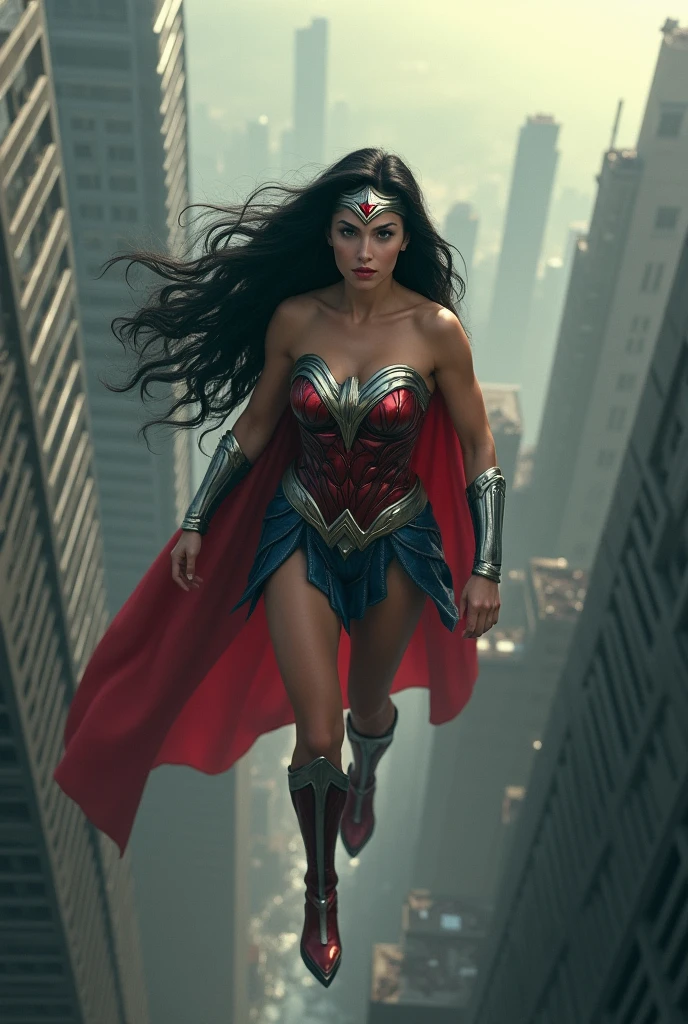 A beautiful woman with long black hair under the cloak of the Amazon warrior Wonder Woman, red boots and bracelets with a silver red star, a silver headband with a red star on her forehead flying over an apocalyptic city skyscrapers (((This woman has the ability to fly without a cape)))