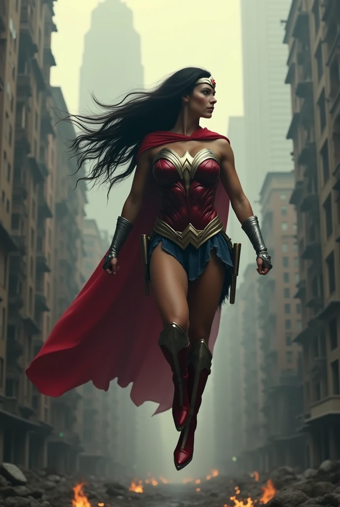 A beautiful woman with long black hair under the cloak of the Amazon warrior Wonder Woman, red boots and bracelets with a silver red star, a silver headband with a red star on her forehead flying over an apocalyptic city skyscrapers (((This woman has the ability to fly without a cape)))
