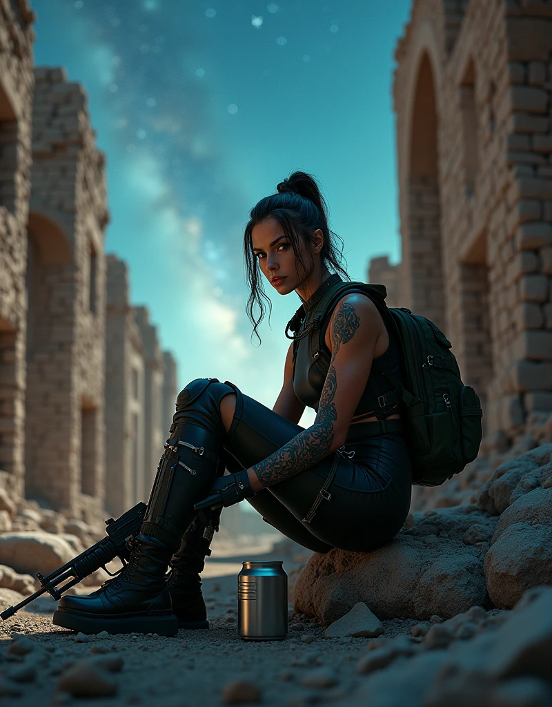 A cinematic photo shoot of gorgeous female military soldier cyborg, sits on a building ruins, a tin can of hot steamy coffee, machine gun and back pack on the ground, bright night starry sky, milky way trail, volumetric night light, insanely detailed and intricate, octane render, unreal engine, hyper realistic photo, high definition, 32 K, Nat Geo photography style