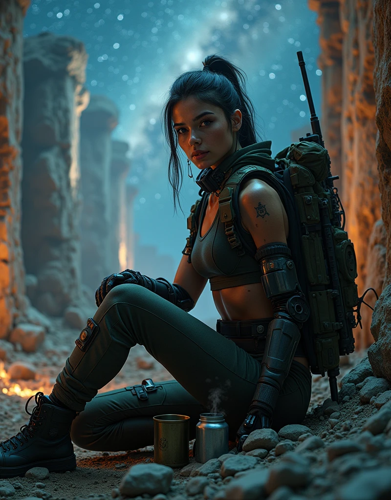 A cinematic photo shoot of gorgeous female military soldier cyborg, sits on a building ruins, a tin can of hot steamy coffee, machine gun and back pack on the ground, bright night starry sky, milky way trail, volumetric night light, insanely detailed and intricate, octane render, unreal engine, hyper realistic photo, high definition, 32 K, Nat Geo photography style