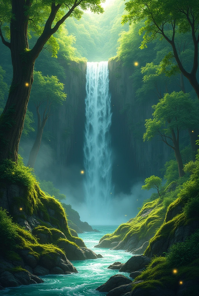 In greenish hue. Forest with dense trees with a, blue, slim, but 10 to 20 meter high waterfall, which leads to a beautiful, flowing, sparkling and descending stream, moss-covered stones, will. Without people. With bright fireflies. The trees have cheerful and awakening colors.