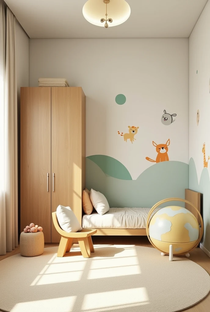 Professional 3d architecture rendering design of modern and light moss and so light Thunder and light cream and light orange wooden Modern and minimal design for chid bedroom and light cream carpet with animals painting and white painting wall and light wooden closet with animals painting and modern ceiling lighting and modern curtains for chid room and the child bed similar globe and safety chair for chid and many toys
